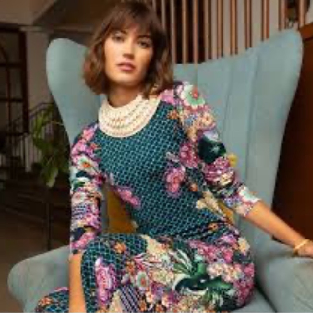 Anna Cate Womens XS Teal Floral Butterfly Geometric Long Sleeve Midi Dress